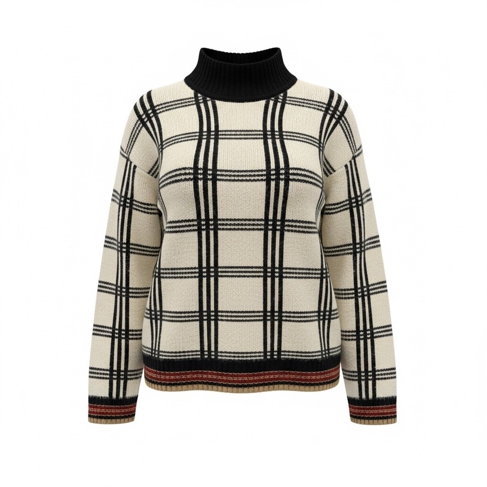 THML Anthro‎ Plaid Turtleneck Sweater Women Small Cream Black Dark Academia